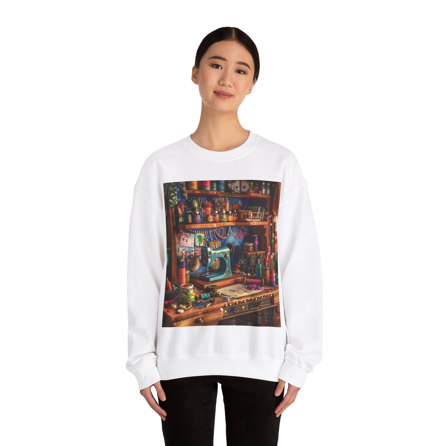 Seamstress Dream: Enchanted Sewing Nook Tapestry, Artisan Craft Room - Unisex Heavy Blend™ Crewneck Sweatshirt