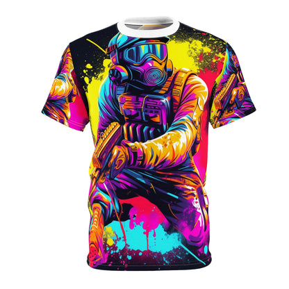 Paintball Action Sport: Player in Battle, Paint Splatter - Unisex Cut & Sew Tee (AOP)