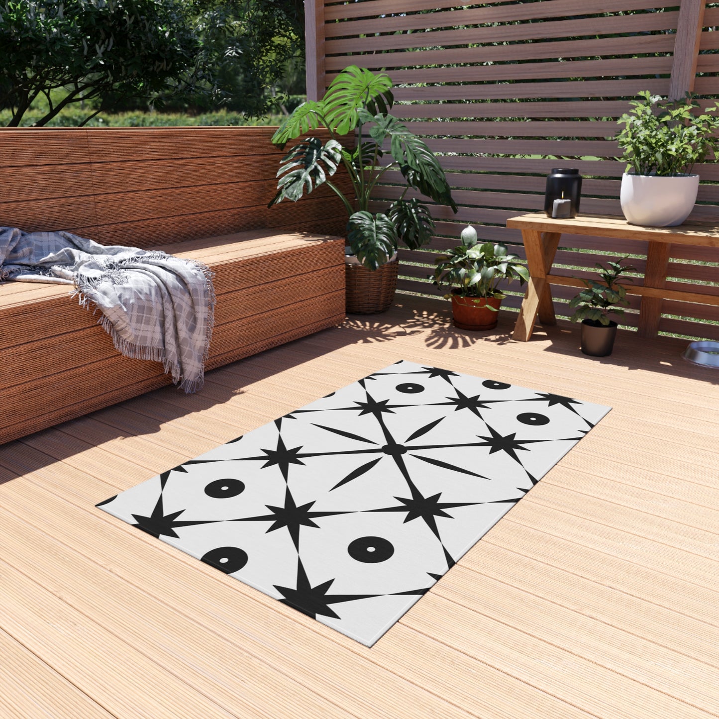 Mid Century Modern Asterisk Design - White & Black Atomic Starburst - Outdoor Rug