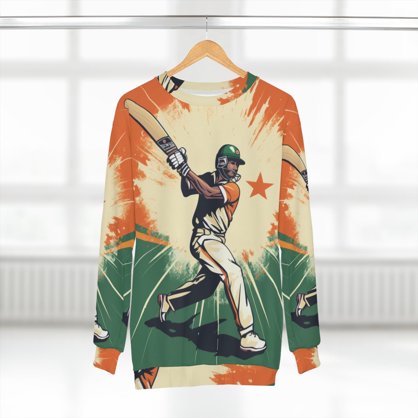 India Cricket Star: Batsman With Willow Bat, National Flag Style - Sport Game - Unisex Sweatshirt (AOP)