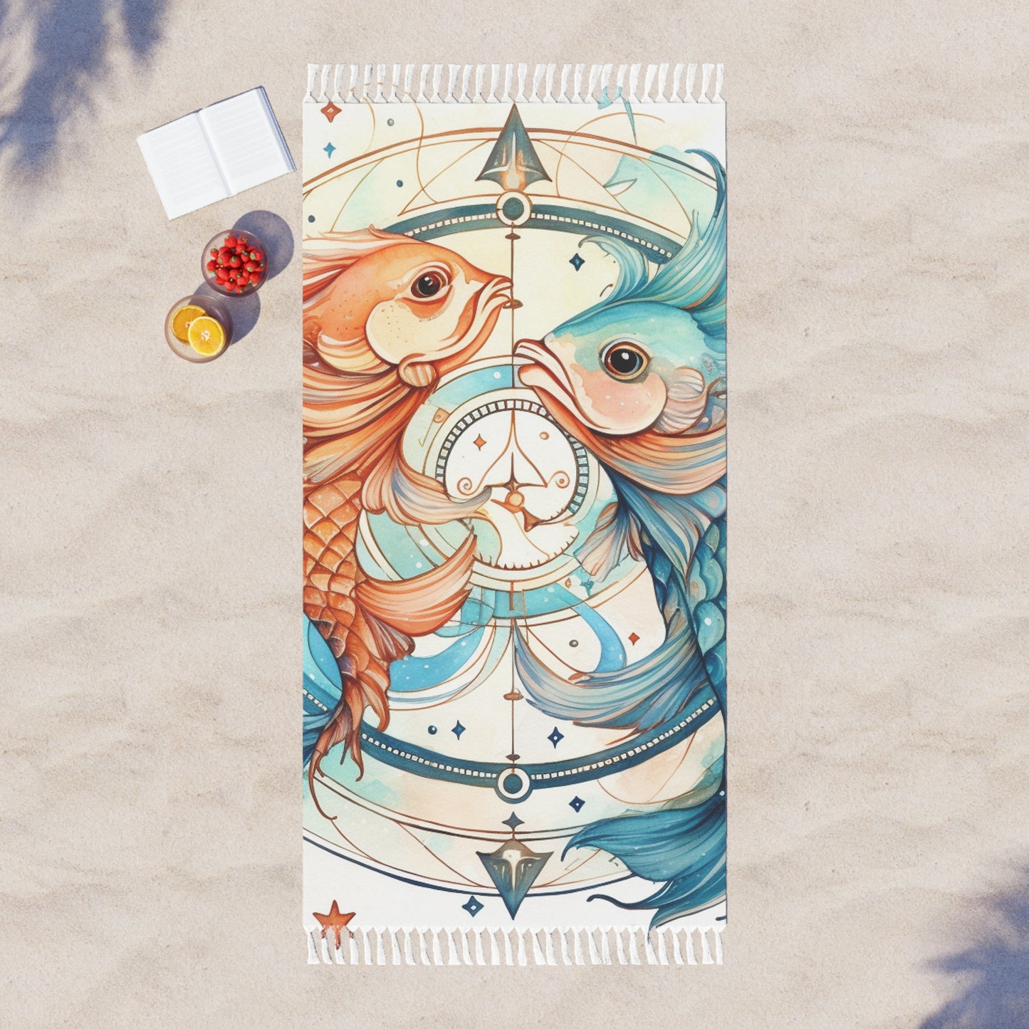 Pisces Zodiac Horoscope - Starry Watercolor & Ink, Hyper-Detailed Fish Boho Beach Cloth