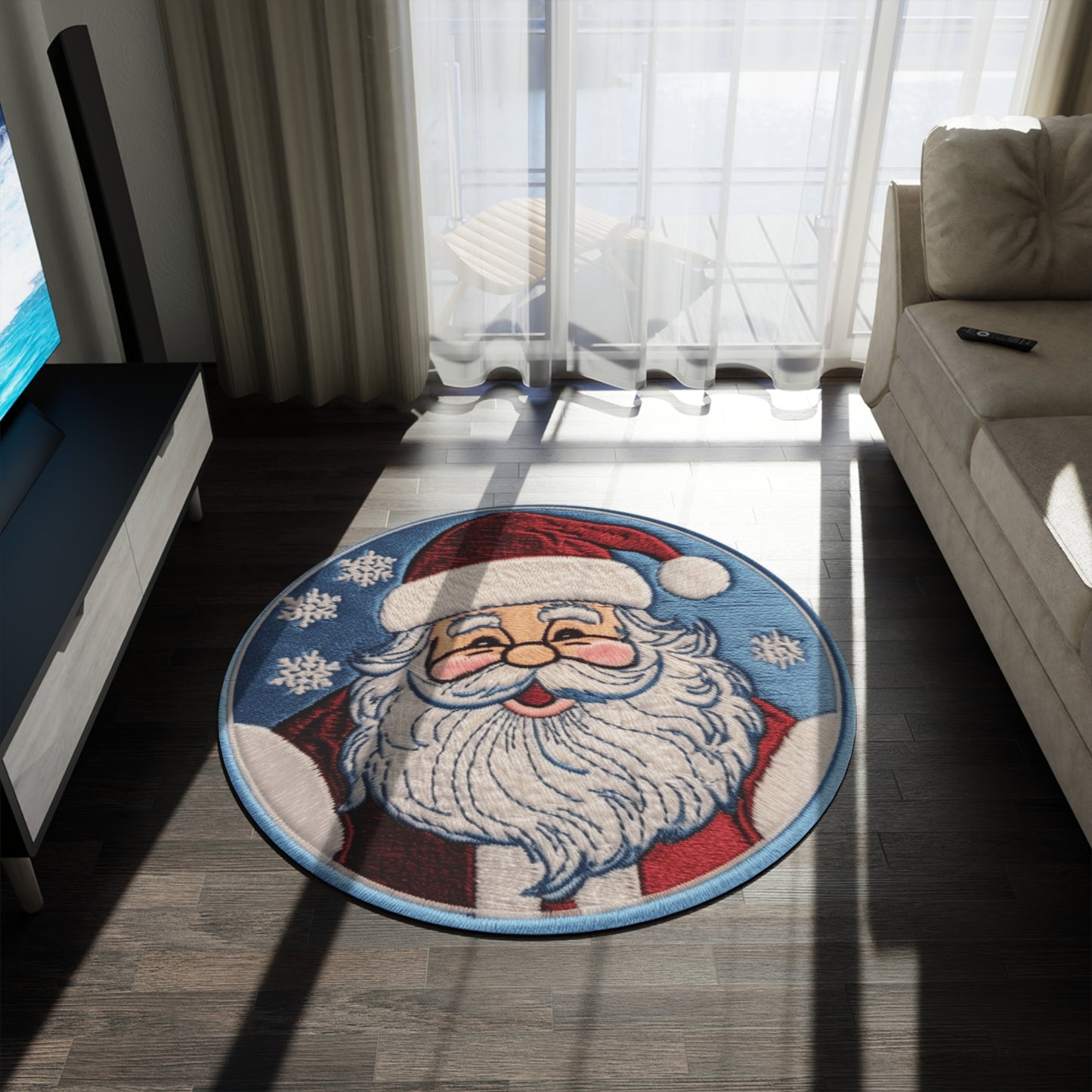 Santa Chenille Patch: Christmas Festive Holiday Design - Round Rug