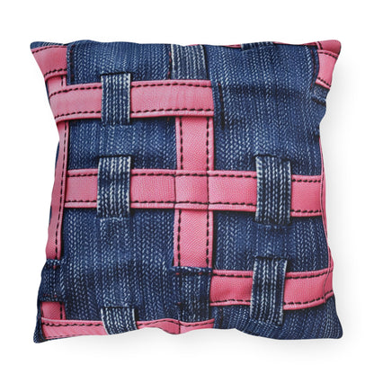 Candy-Striped Crossover: Pink Denim Ribbons Dancing on Blue Stage - Outdoor Pillows