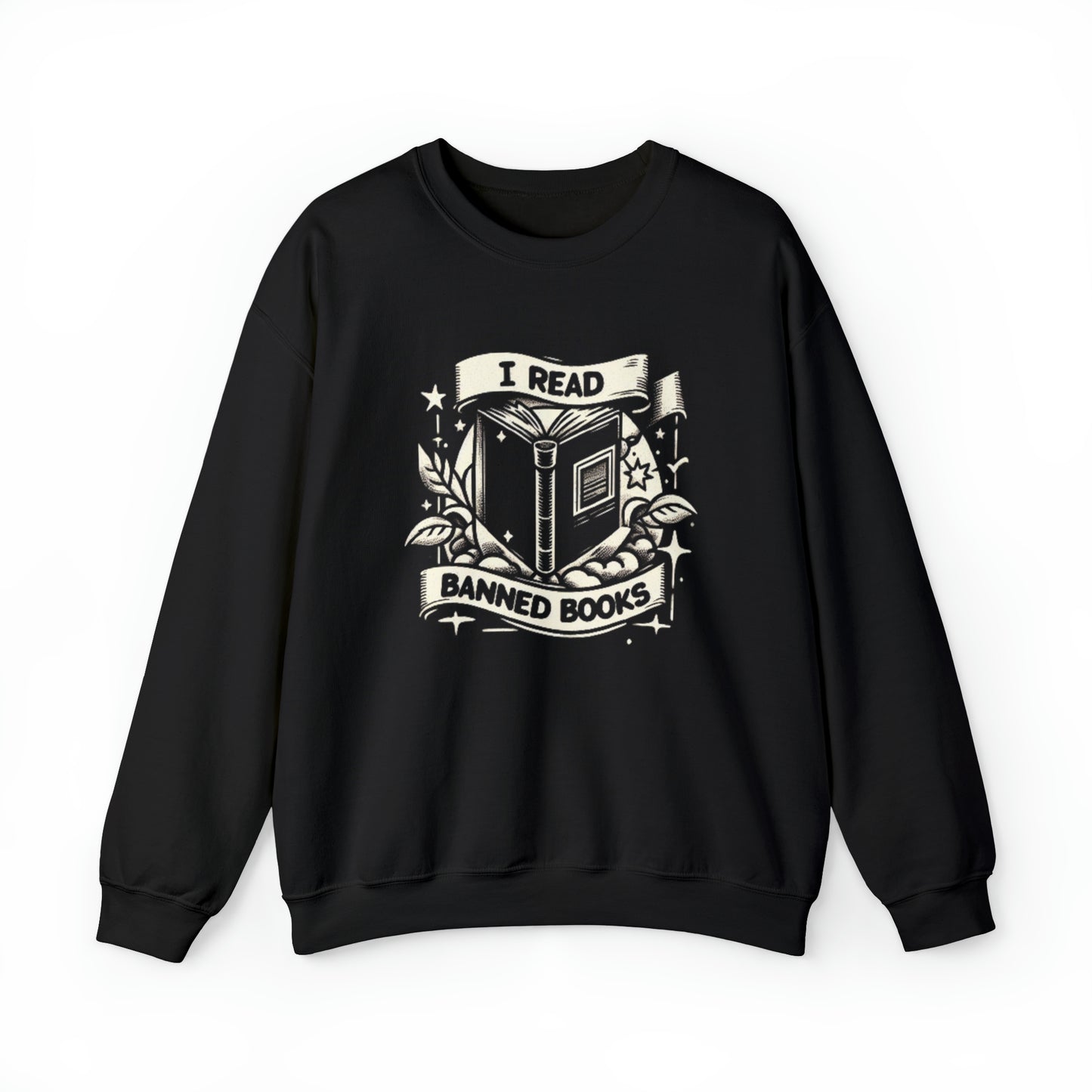 Leo libros prohibidos - Escudo monocromo con estrellas y laurel - Sudadera unisex Heavy Blend™ con cuello redondo