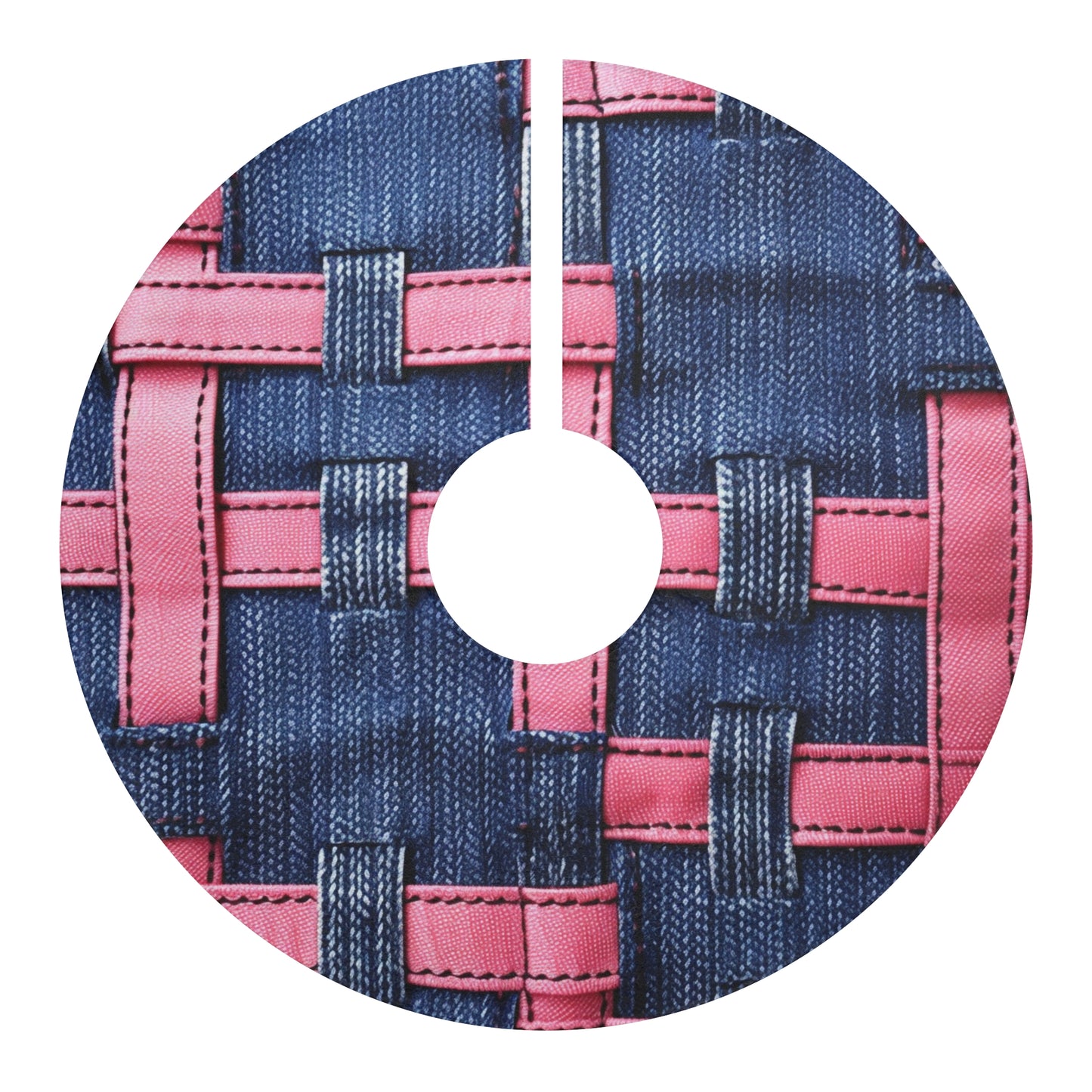 Candy-Striped Crossover: Pink Denim Ribbons Dancing on Blue Stage - Christmas Tree Skirts