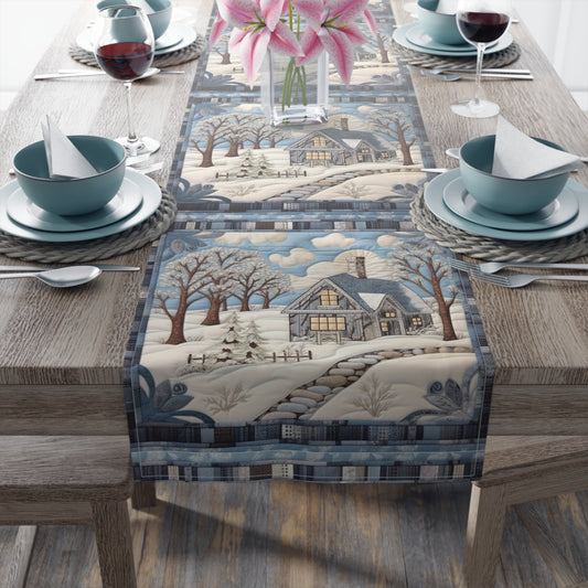 Rustic Snow House - Stone Walkway - Cottagecore Winter Bliss - Nostalgic Charm - Snowy Retreat Decor - Table Runner (Cotton, Poly)