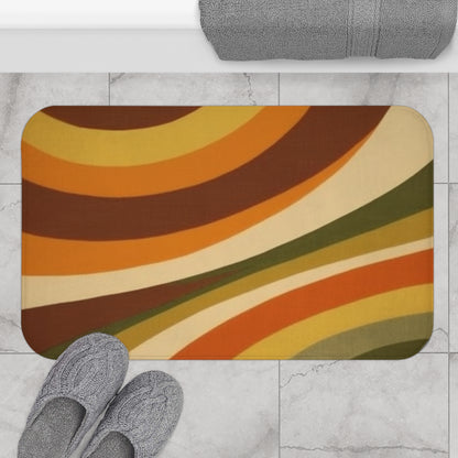 Groovy alfombra de baño inspirada en modelos mod de los años 70 en llamativo naranja, verde, óxido, dorado y beige