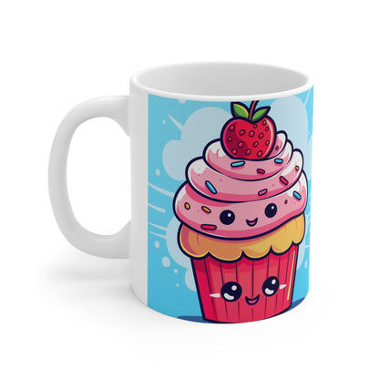 Strawberry Delight - Kawaii Cupcake Art - Sweet Anime Manga Dessert Charm - Ceramic Mug 11oz