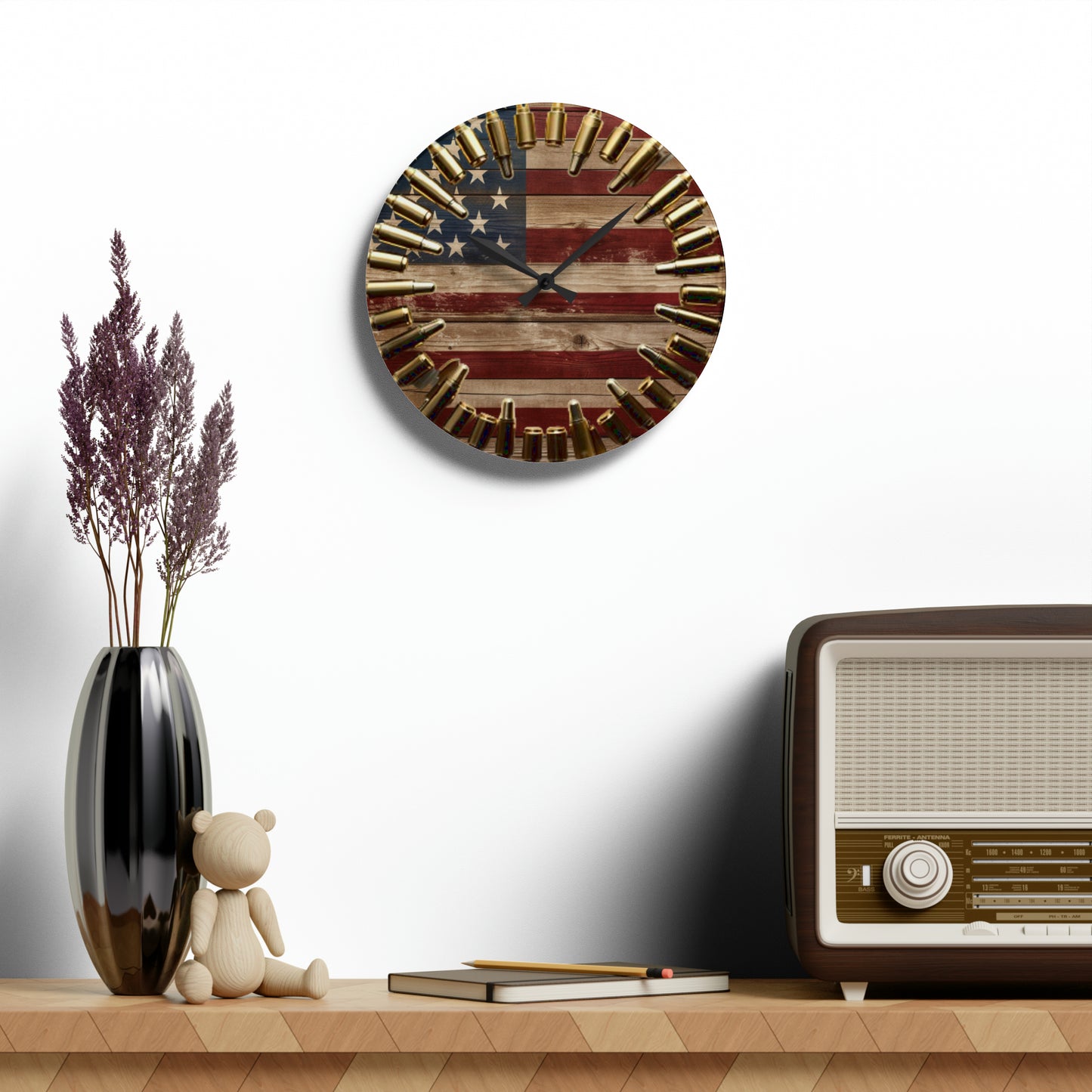 Patriotic American Flag Acrylic Wall Clock, Rustic USA Wall Decor, Hunter's Gift, Americana Pride, Stars & Stripes Timepiece