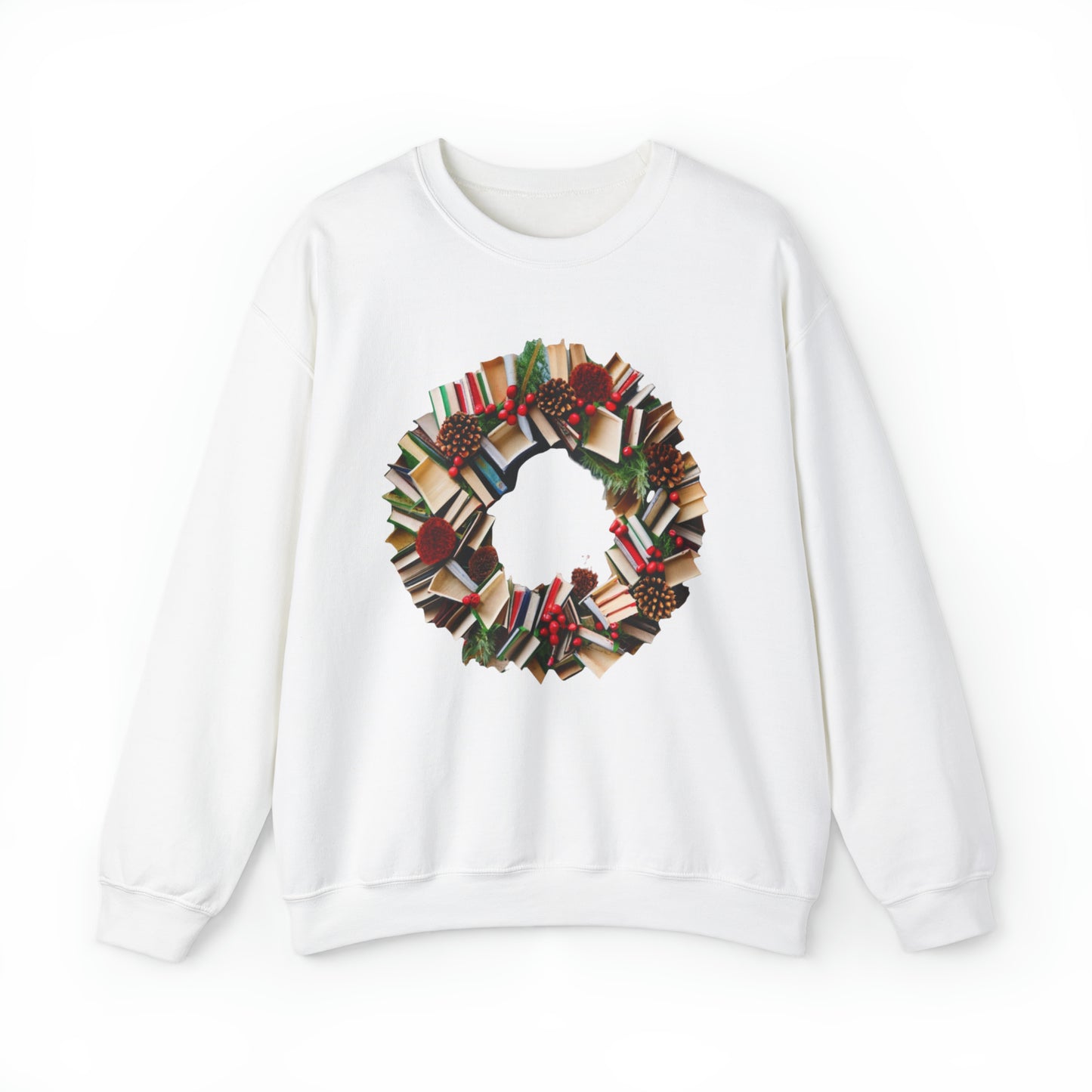 Holiday Book Wreath: Festive Literary Book Lover & Christmas Pinecone Arrangement - Unisex Heavy Blend™ Crewneck Sweatshirt