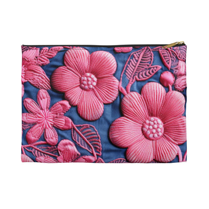 Denim Blue Doll Pink Floral Embroidery Style Fabric Flowers - Accessory Pouch