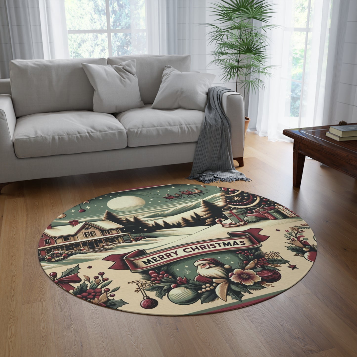 Holiday Charm: Classic Retro Christmas Scene with Santa - 1950s Nostalgic - Round Rug