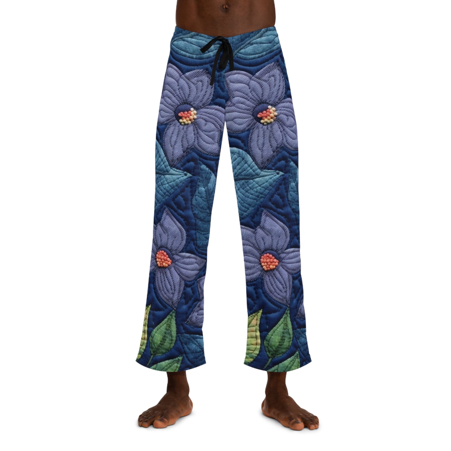 Azul bordado floral: diseño floral artesanal inspirado en la mezclilla - Pantalones de pijama para hombre (AOP) 