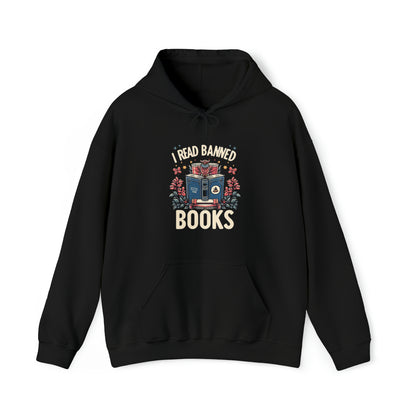 Owl Scholar Reading Among Stars and Florals - I Read Banned Books Themed IllustrationUnisex Heavy Blend™ Hooded Sweatshirt