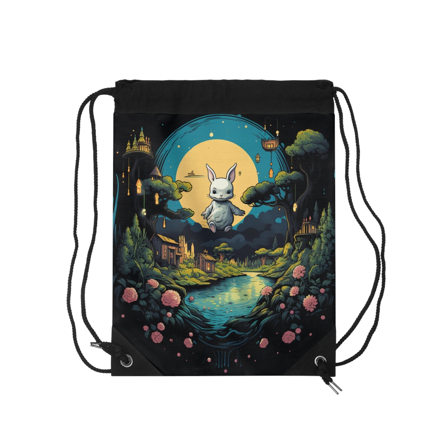 White Rabbit Mystery Psychedelic Fantasy Anime Cartoon Bunny - Drawstring Bag