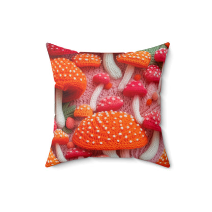 Mushroom Crochet, Enchanted Forest Design, Earthy Fungi. Mystical Magic Woodland, Immerse in Nature - Spun Polyester Square Pillow