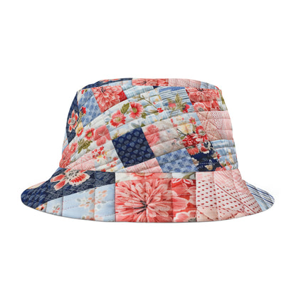 Floral Harmony Quilt, Blossom Patchwork, Blue and Pink Quilted Patterns, Garden Quilt, Soft Pastel Quilting Squares Design - Bucket Hat (AOP)