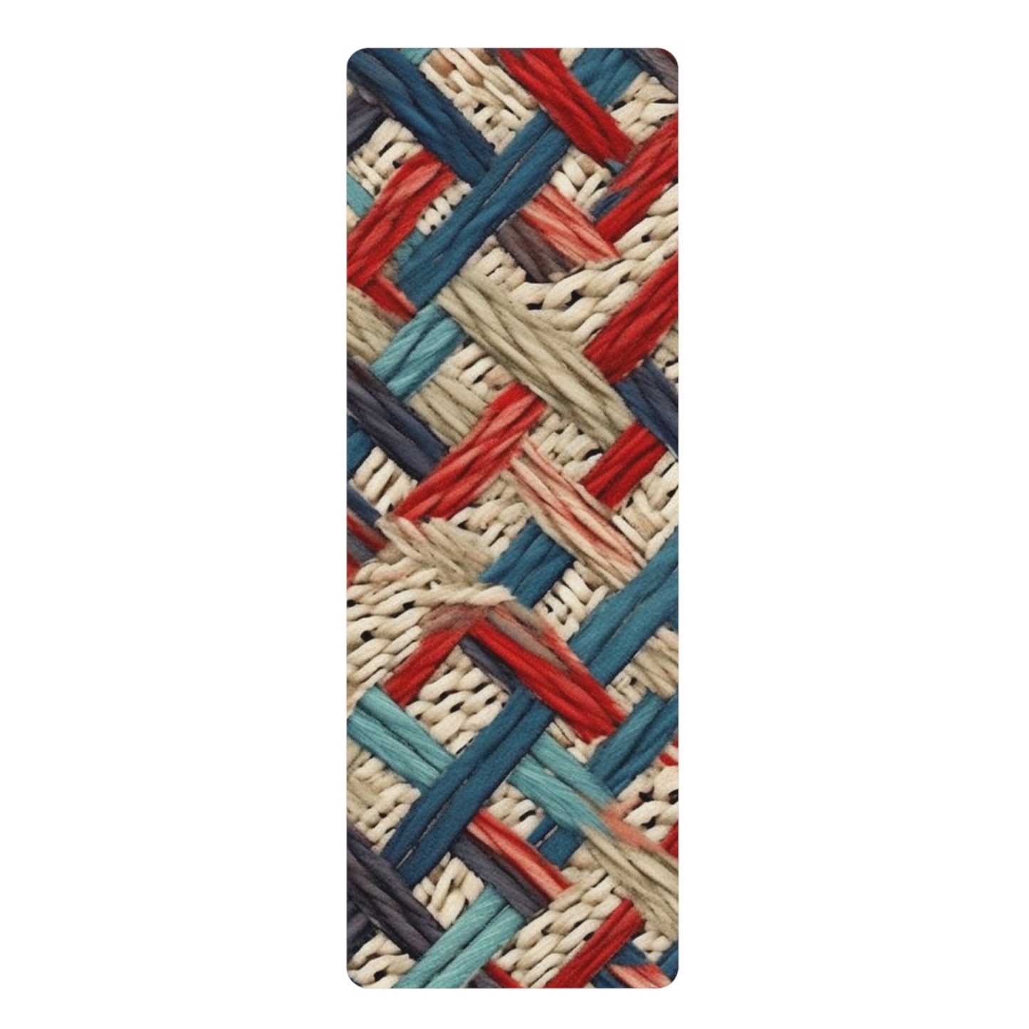 Colorful Yarn Knot: Denim-Inspired Fabric in Red, White, Light Blue - Rubber Yoga Mat