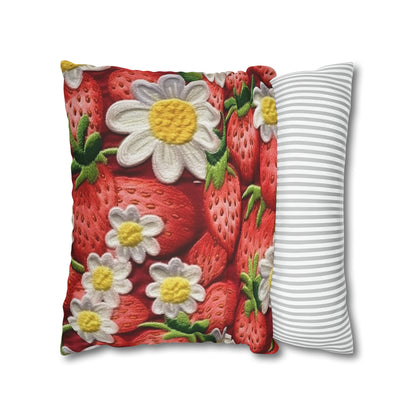 Strawberry Strawberries Embroidery Design - Fresh Pick Red Berry Sweet Fruit - Spun Polyester Square Pillow Case