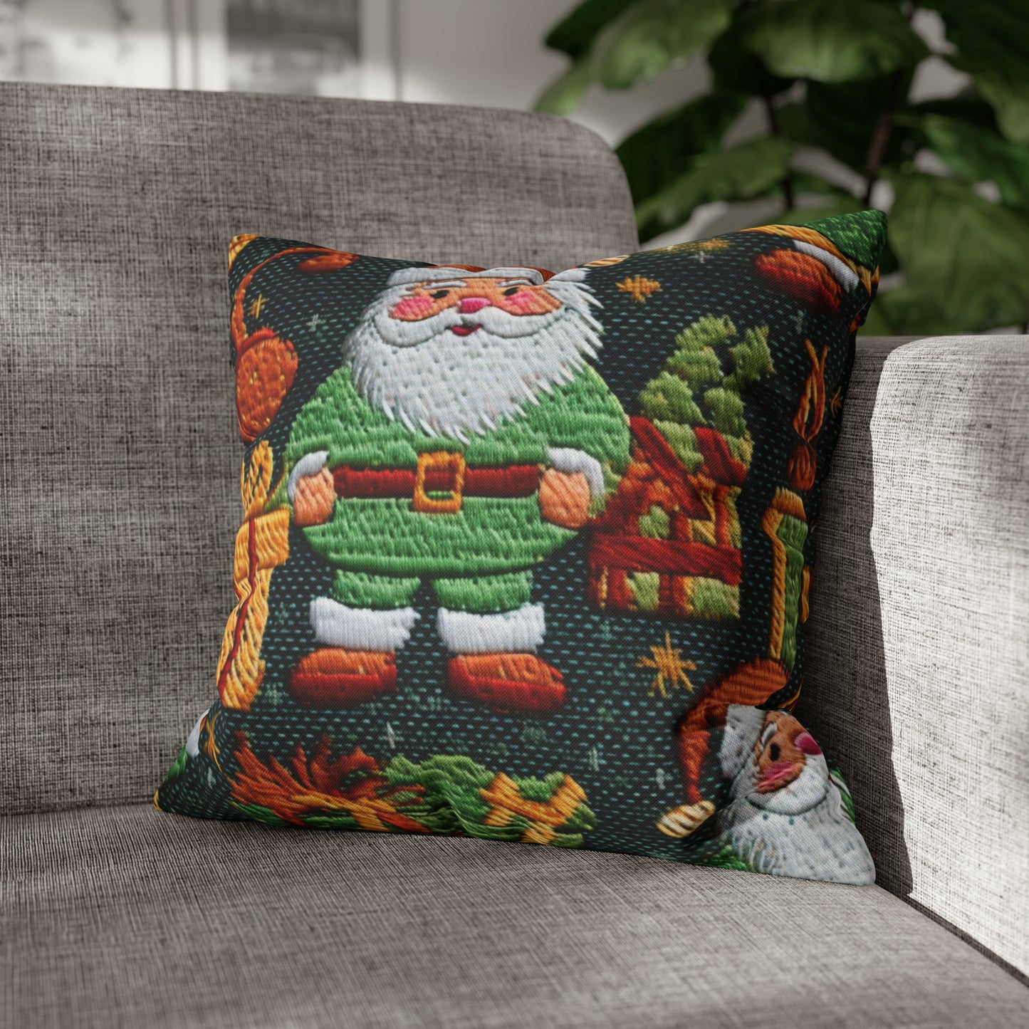 Papá Noel navideño - Regalos bordados - País de las maravillas invernal festivo - Diseño Deck the Halls - Funda de almohada cuadrada de poliéster hilado 