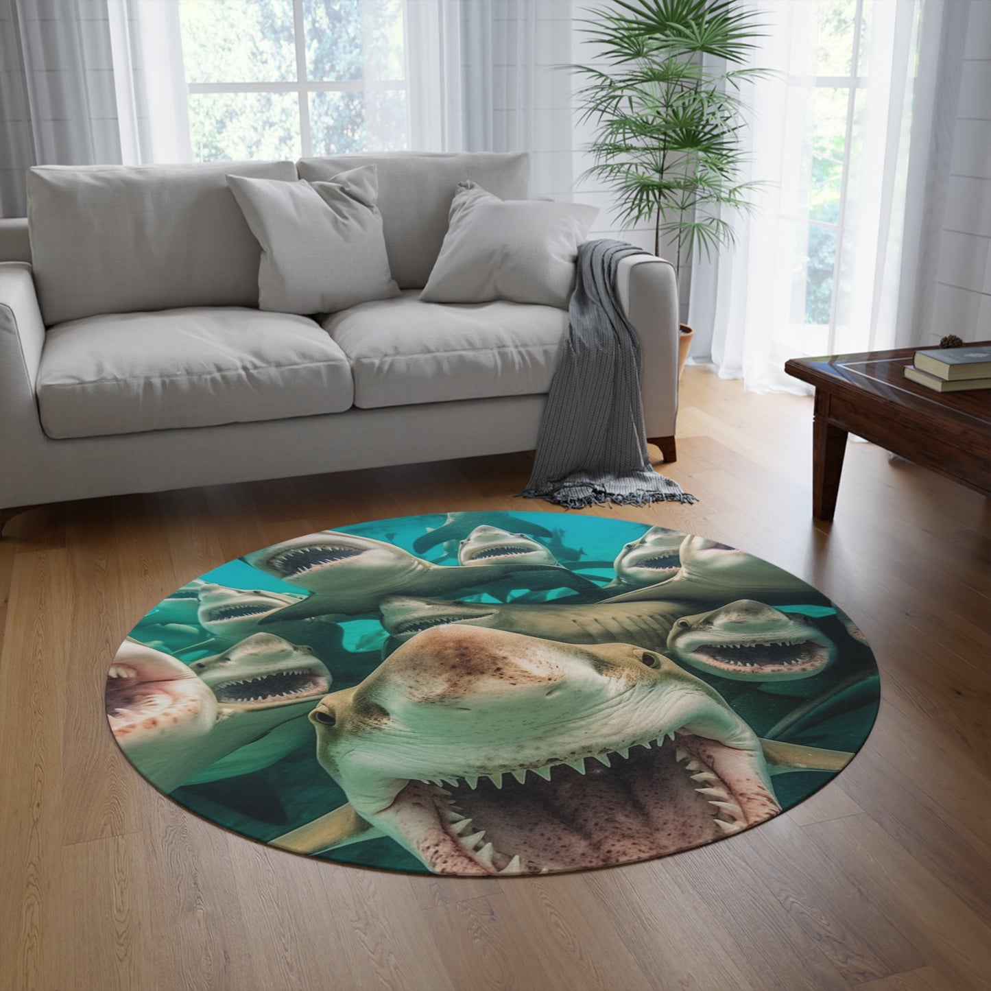 Laughing Lemon Sharks: Joyful Sea Jaws Ocean Deep - Round Rug