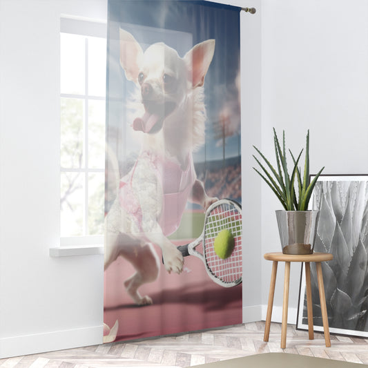 Chihuahua Tennis Ace: traje rosa para perro, juego deportivo atlético en la cancha - Cortina de ventana