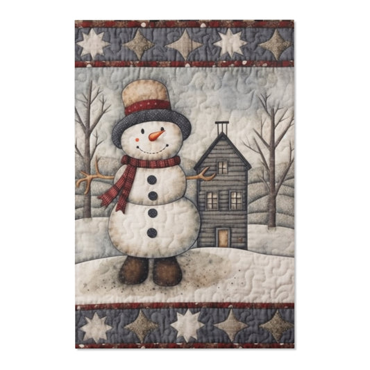 Christmas Cottagecore Snowman & Snowy House - Nostalgic Decor - Grandmillennial Festive Charm - Area Rugs
