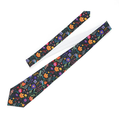 Men's Necktie - Delicate Wispy Wildflowers on Noir Black