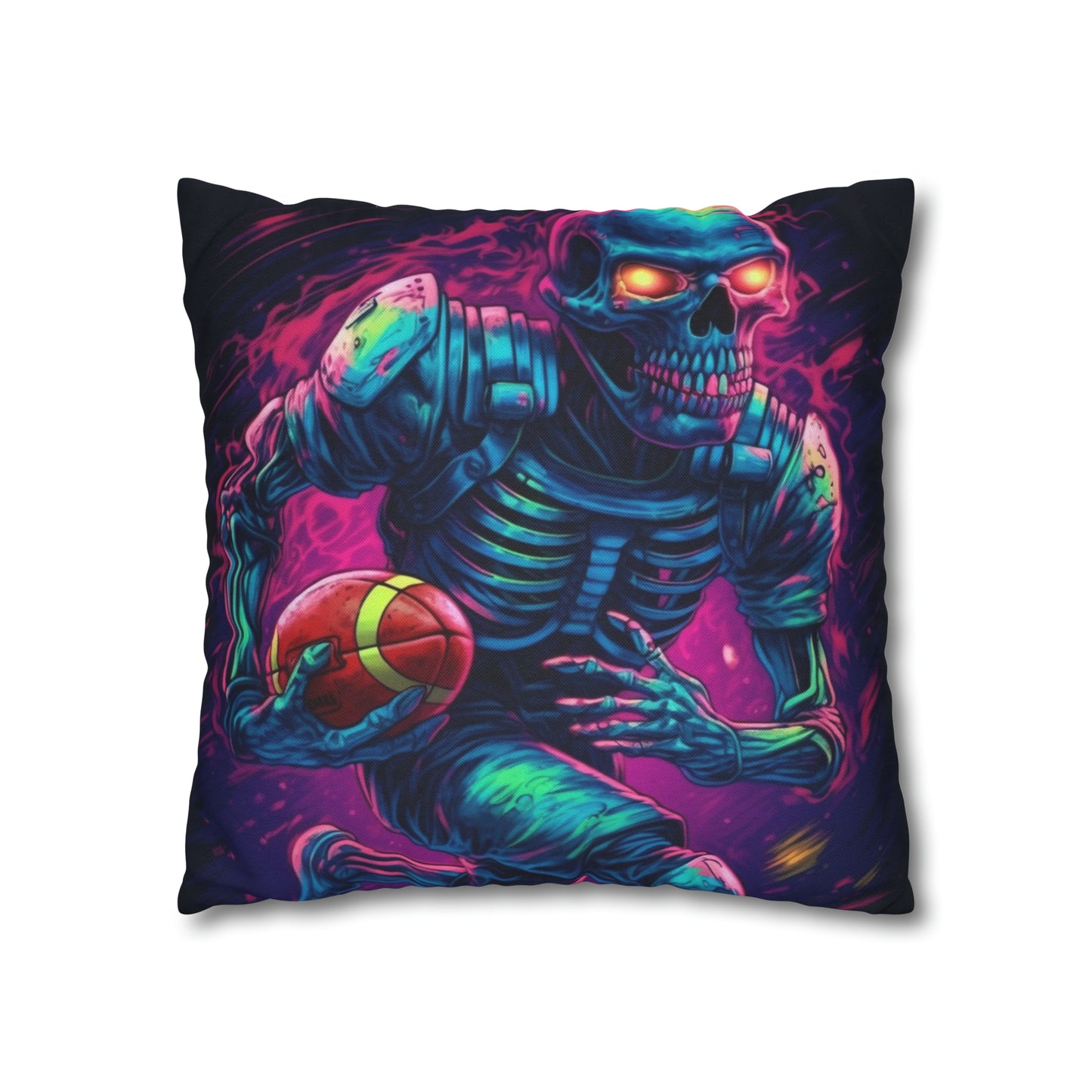 Spooky Football Game: Fantasy Skeleton Athlete Running with Ball, Sporty Halloween - Spun Polyester Square Pillow Case