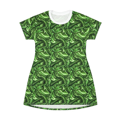 Green Silk Faux, T-Shirt Dress (AOP)