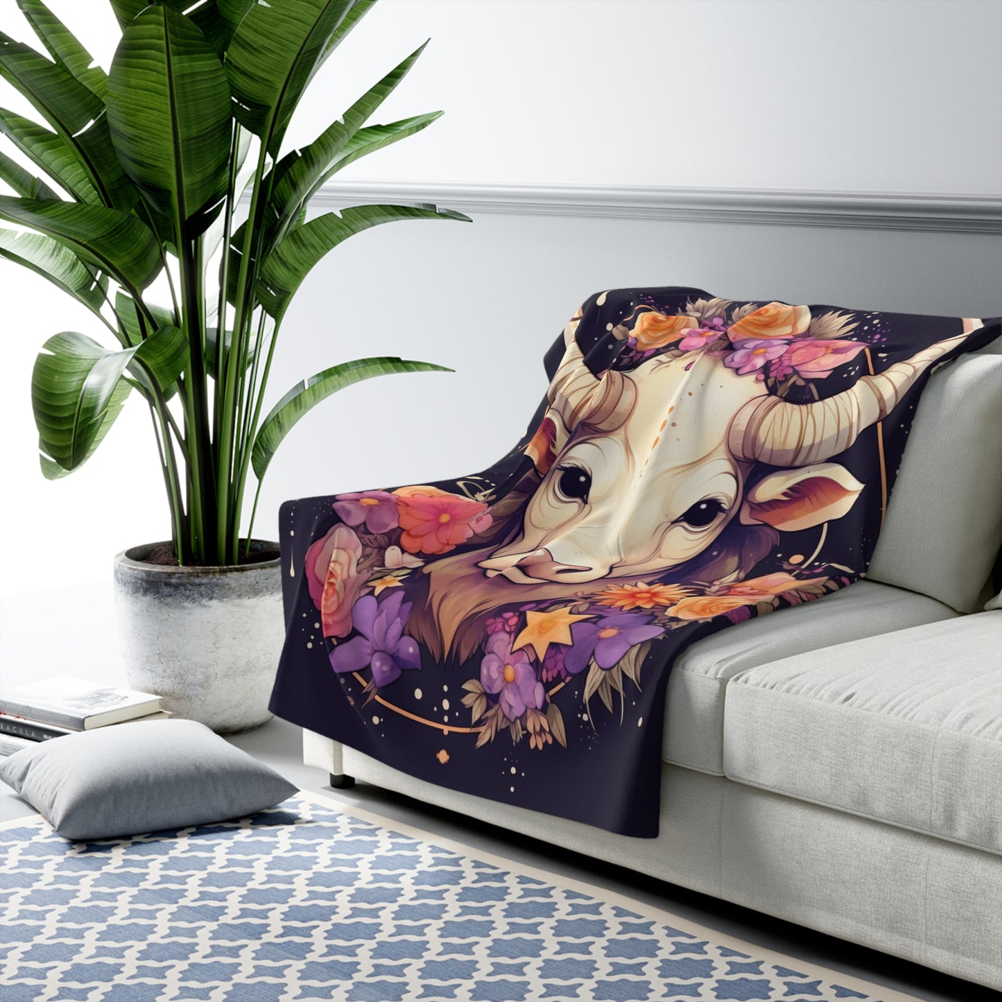 Taurus Zodiac Bull Flower Accents - Astrology Sign - Sherpa Fleece Blanket