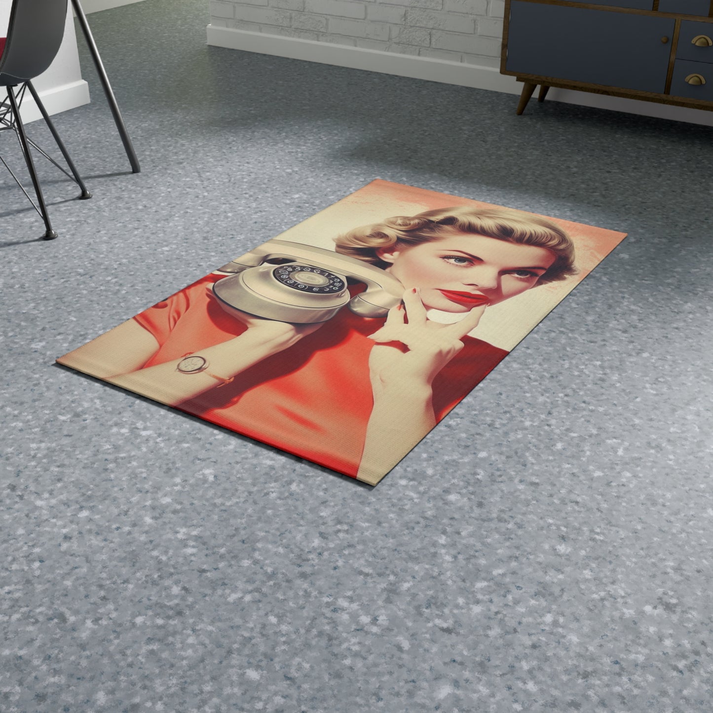 Retro 50s/60s Woman w/ Shabby Telephone Art - Dobby Rug