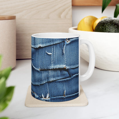 Denim desgastado azul medianoche: diseño resistente, rasgado y elegante - Taza de cerámica de 11 oz 