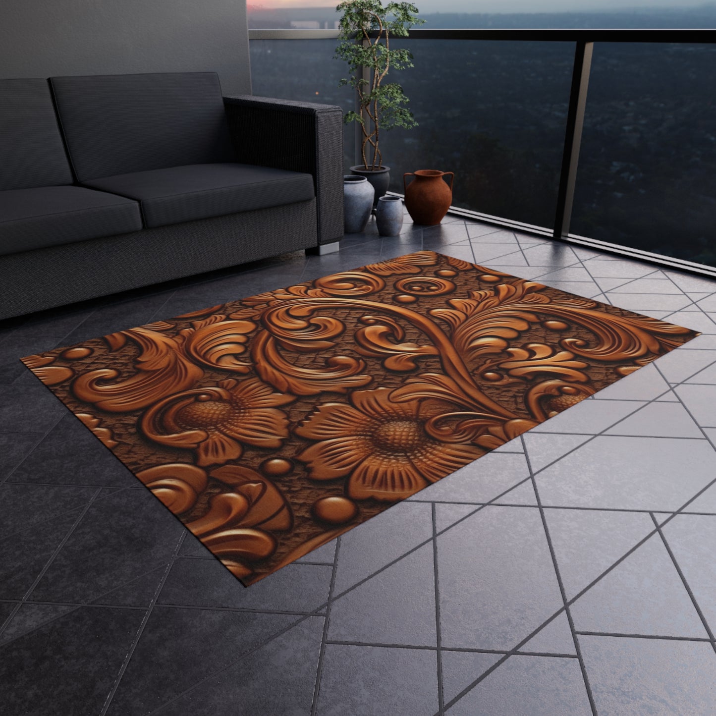 Leather Flower Cognac Classic Brown Timeless American Cowboy Design - Outdoor Rug