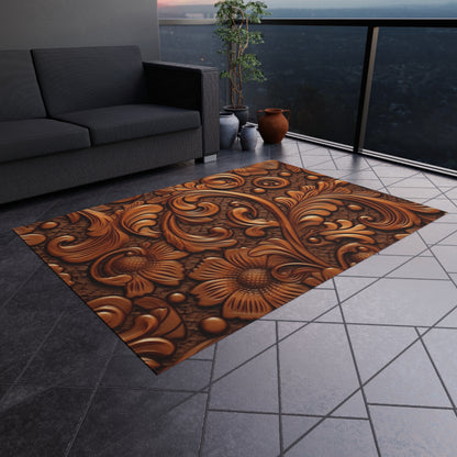 Leather Flower Cognac Classic Brown Timeless American Cowboy Design - Outdoor Rug