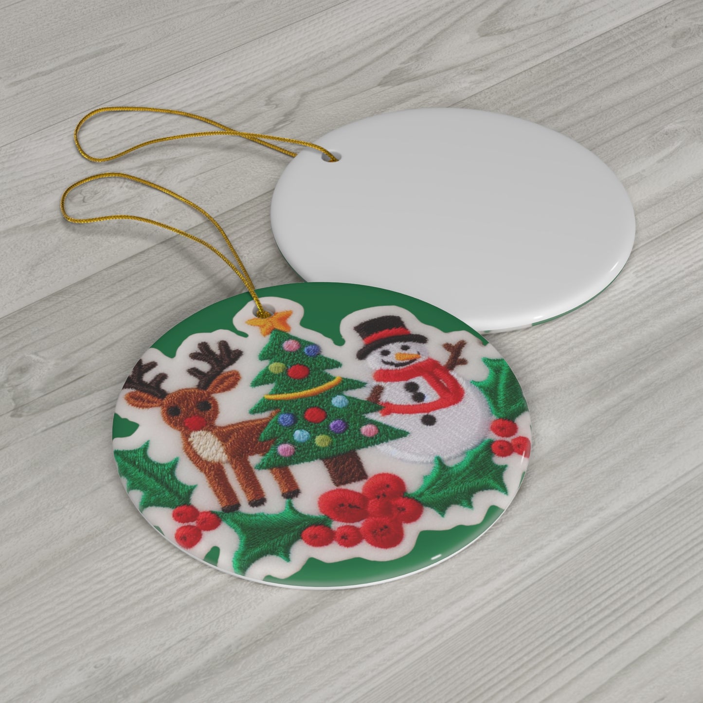 Christmas Snowman & Reindeer Embroidered Patch Design - Ceramic Ornament, 4 Shapes