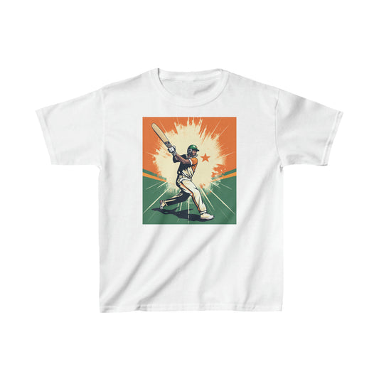 India Cricket Star: Batsman With Willow Bat, National Flag Style - Sport Game - Kids Heavy Cotton™ Tee