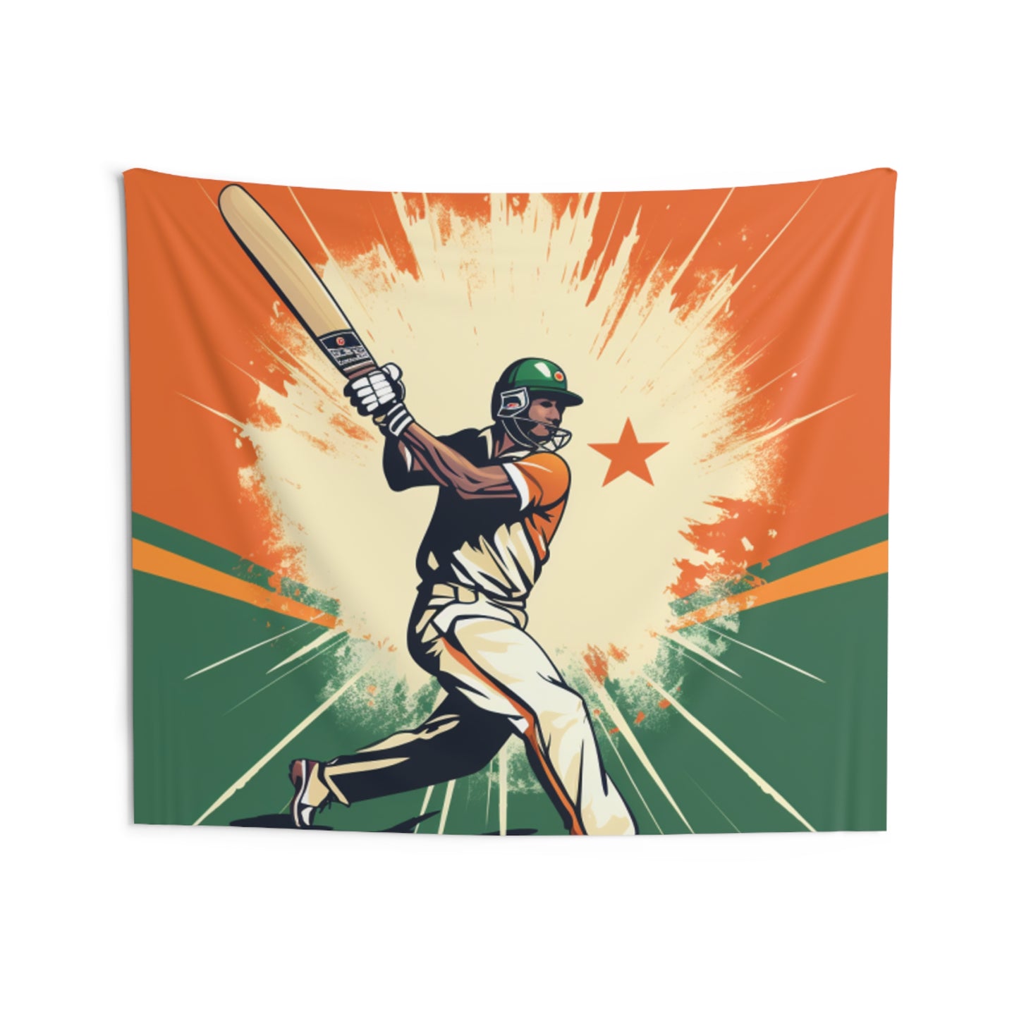 India Cricket Star: Batsman With Willow Bat, National Flag Style - Sport Game - Indoor Wall Tapestries