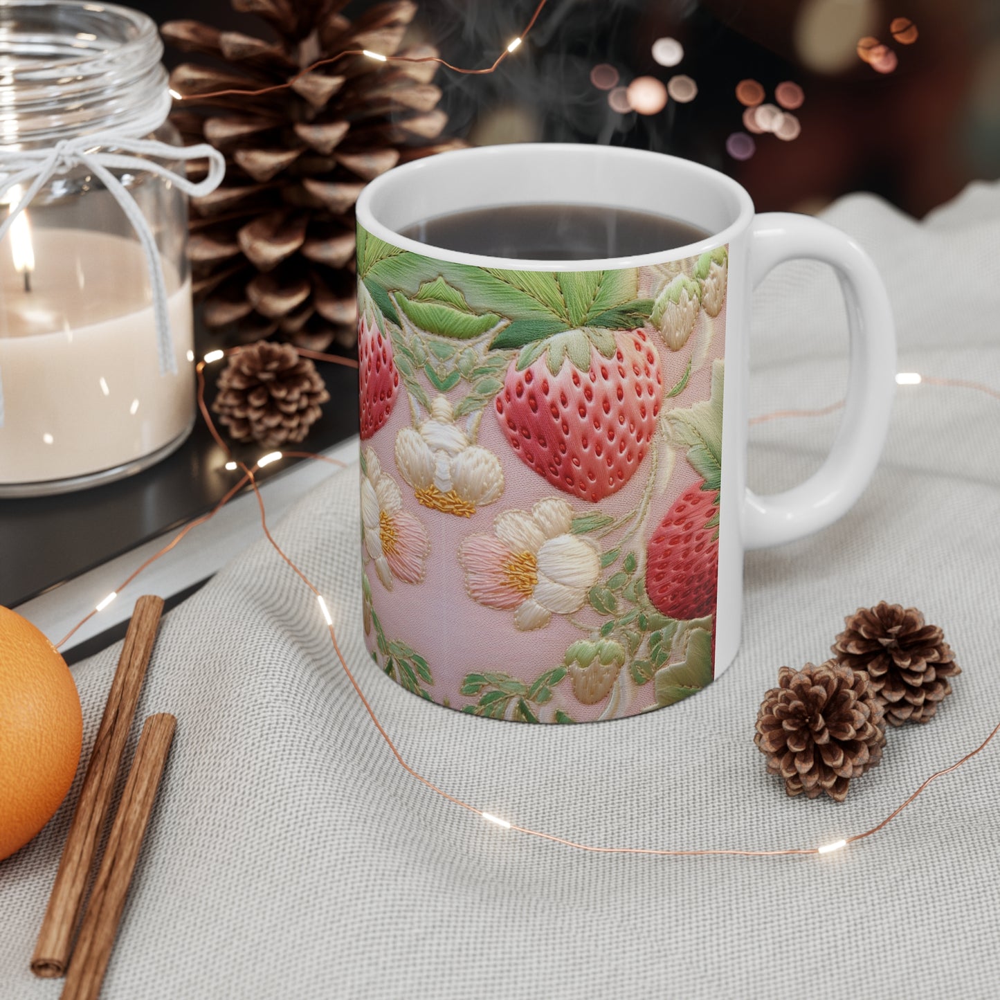 Red Berry Strawberries - Embroid Fruit - Healthy Crop Feast Food Design - Ceramic Mug 11oz