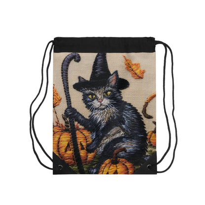 Halloween Cat Magic: Embroidered Style Feline with Pumpkins & Witch Hat - Drawstring Bag