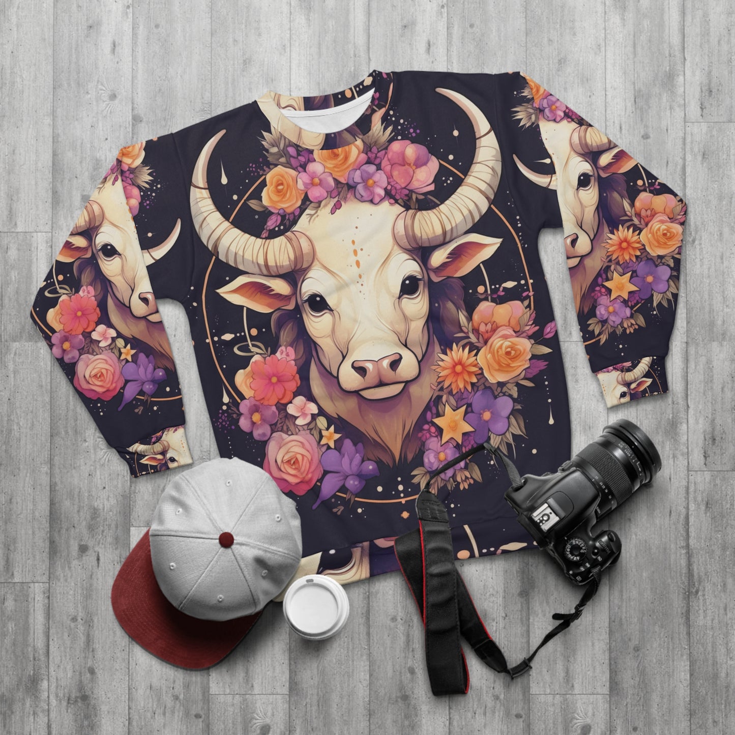 Taurus Zodiac Bull Flower Accents - Astrology Sign - ユニセックス スウェットシャツ (AOP) 