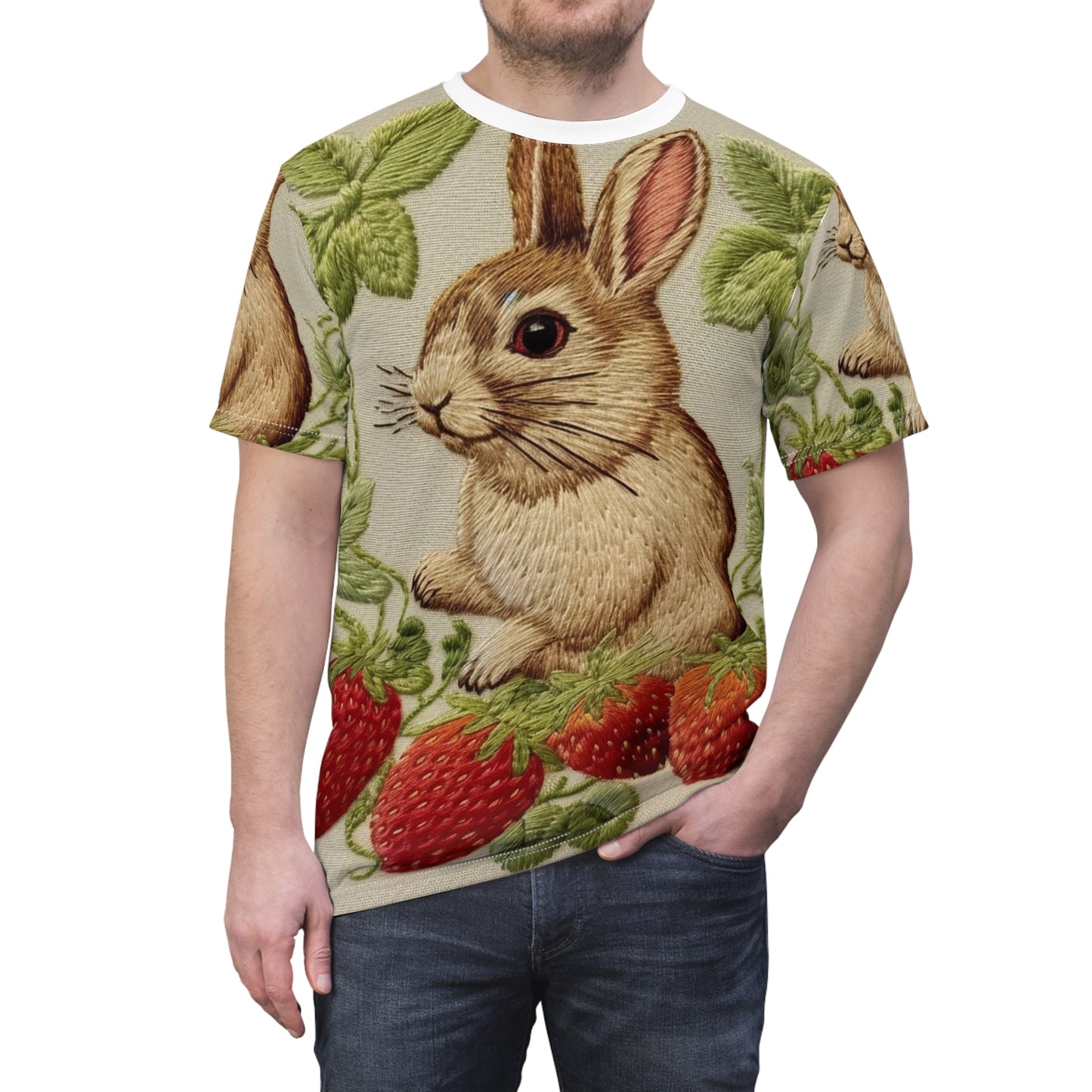 Conejo de fresa - Estilo de bordado - Munchies de frutas de fresas - Regalo de Pascua - Camiseta unisex cortada y cosida (AOP) 