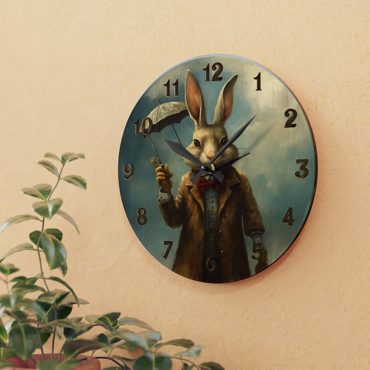 Old Rabbit Wearing Coat and Holding Umbrella Acrylic Wall Clock