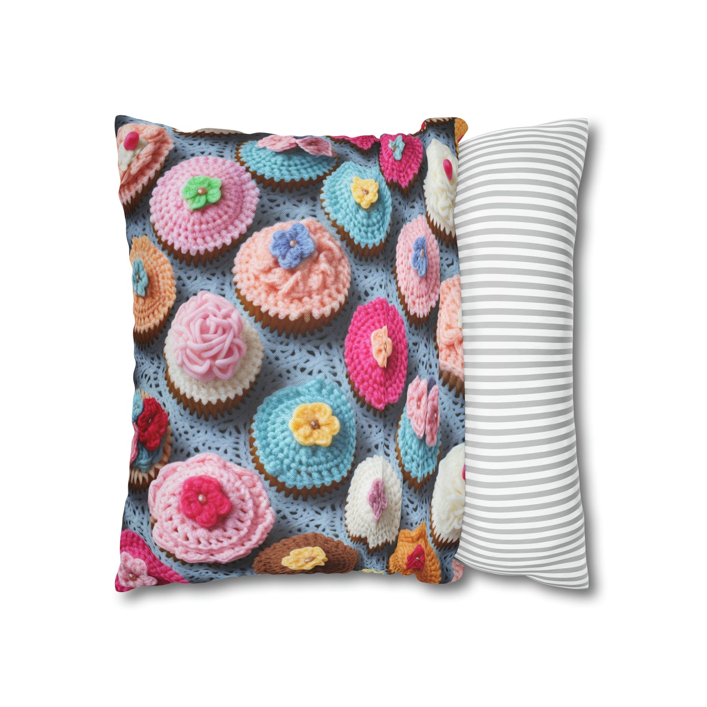 Crochet Cupcake Treat Frosted Cake Dessert Bakery Design - Spun Polyester Square Pillow Case