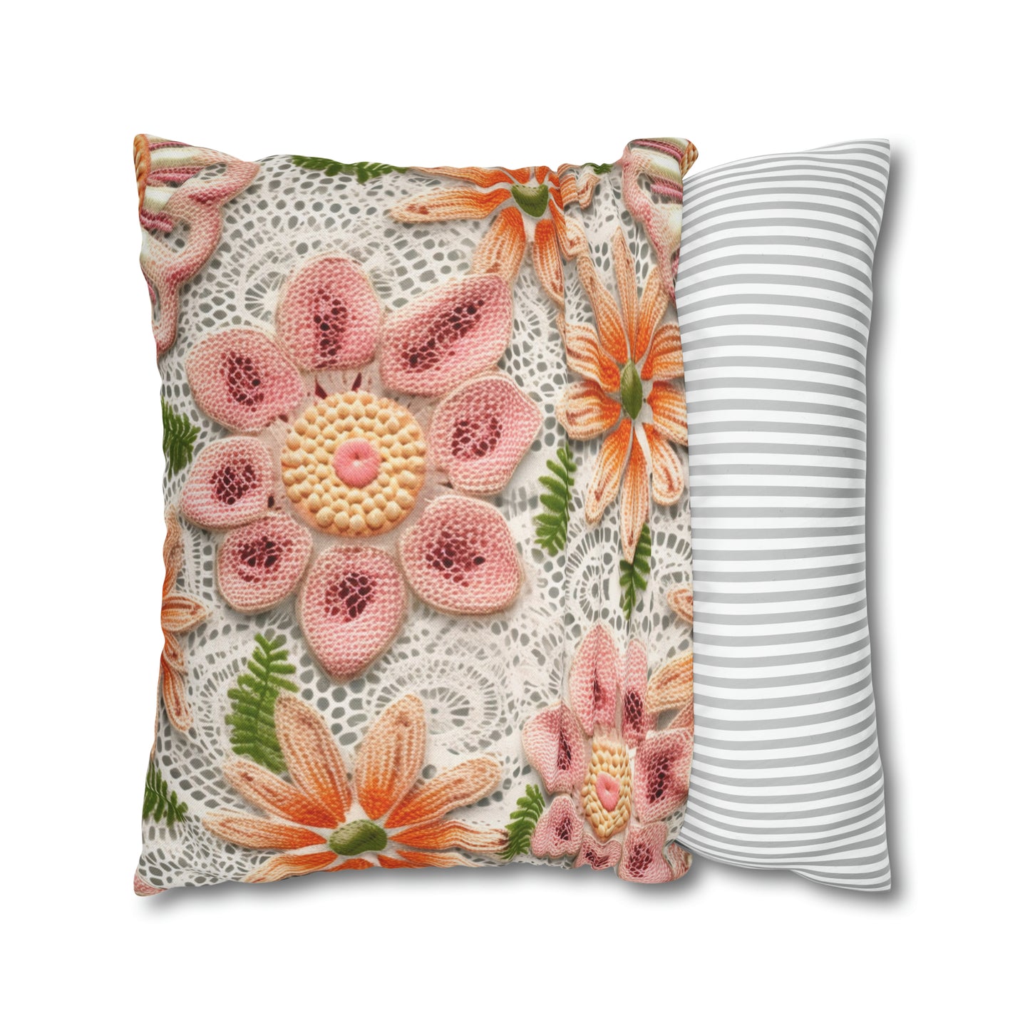 Floral Embroidered Eyelet: Delicate Flower Elegant Pattern - Spun Polyester Square Pillow Case