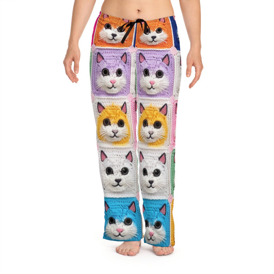Gato de ganchillo, algodón de verano, felino, cárdigan de gato retro, creación de algodón de ganchillo gatito - pantalones de pijama de mujer (AOP) 
