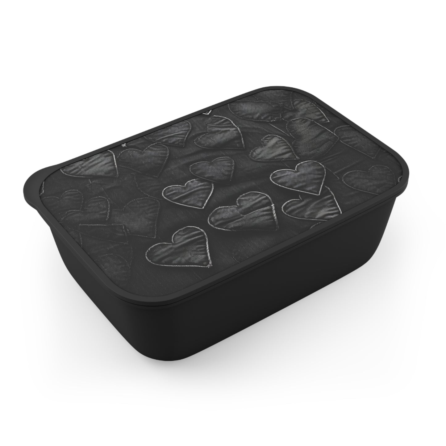 Black: Distressed Denim-Inspired Fabric Heart Embroidery Design - PLA Bento Box with Band and Utensils