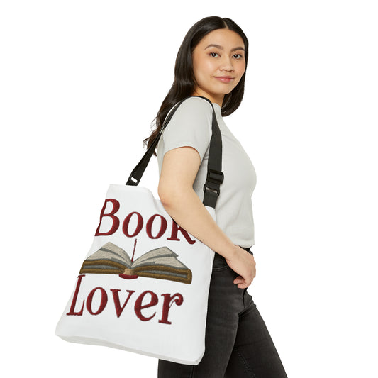 Open Book Embroidery Art: Book Lover Text for Avid Readers - Adjustable Tote Bag (AOP)