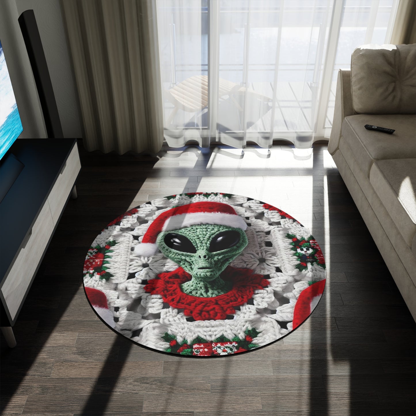 Santa's Cosmic Secret: Jolly Green Christmas Extraterrestrial with Festive Attire Crochet Art - Round Rug