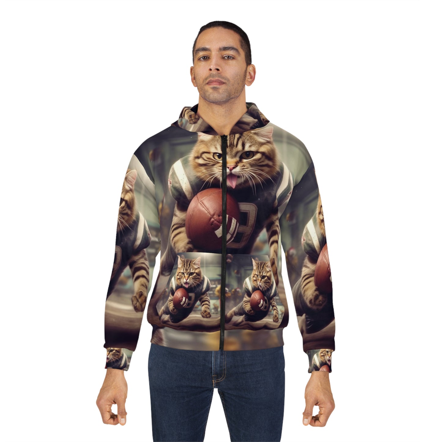 Football Field Felines: Kitty Cats in Sport Tackling Scoring Game Position - Unisex Zip Hoodie (AOP)